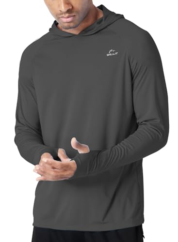 Image of Willit Men's UPF 50+ Sun Protection Hoodie Lightweight Long Sleeve Fishing Shirt Loose Fit Swim Rash Guard, Deep Gray, Large