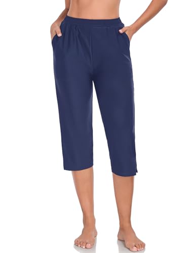 RELLECIGA Women's High Waisted Swim Capris Pants Long Board Shorts Beach Pants with Briefs
