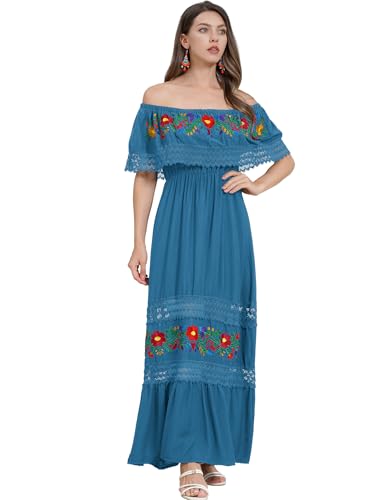 Image of ABEHIK Mexican Dress for Women Traditional Off Shoulder Embroidered Present Casual Lace Long Maxi Dress Cinco de Mayo Outfit