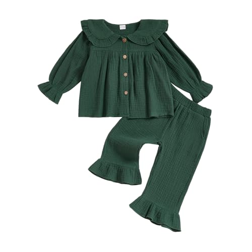 MAINESAKA Toddler Baby Girl Pajamas Cotton Linen Lounge Set Solid Color Button Down Shirt Flare Pajama Pants Sleepwear Outfit
