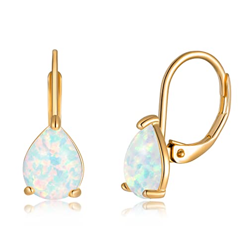 CiNily Opal Teardrop Earrings for Women Hypoallergenic 14K Gold Plated Dainty White Opal Drop Earrings Leverback Earrings Jewelry for Sensitive Ears
