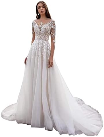 Long Sleeve Wedding Dresses for Bride 2023 Lace Tulle Scoop Neck Lace Tulle Bridal Formal Gowns Dresses for Women Ivory US8