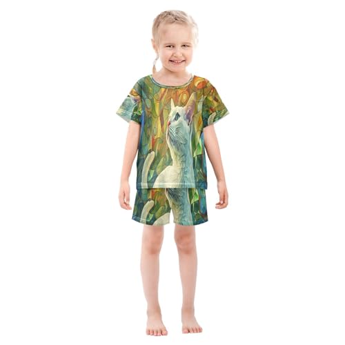 senya Short Sleeve Pajamas Sets Summer Cotton Sleepwear Stained Glass Cat3