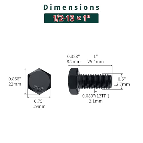 Image of 1 /2-13 x 1 Hex Bolts with Nuts and Washers (6 Sets), 18-8 (304) Stainless Steel, External Hex Drive, Black Oxide Coated Hexagon Head Bolts Screws, Fayeploo