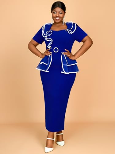 AOMEI Women's Color Block Irregular Ruffled Short Sleeve Pencil Bodycon Maxi Dress2