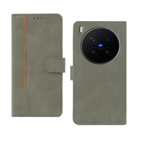 Image of amazon basics Vivo X300 Pro 5G Flip Cover | Card Pockets Wallet & Stand | Flip Cover for Vivo X300 Pro 5G (Gray with Beige Strip)