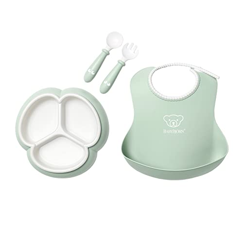 Image of BabyBjörn Mealtime Set, 4 pc, Powder Green | Includes Baby Plate, Baby Fork, Baby Spoon, and Baby Cup | Dishwasher Safe | Toddler Feeding Set for self-Feeding or Baby-led weaning