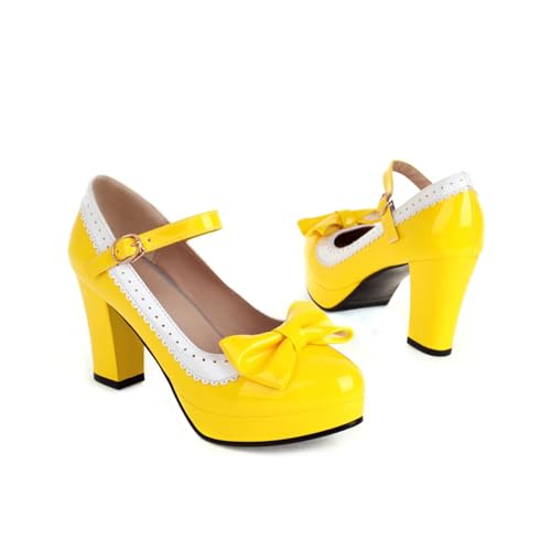 Image of Mary Jane Shoes for Women Bow Lolita Shoes Kawaii Platform High Heels Dress Pumps Yellow