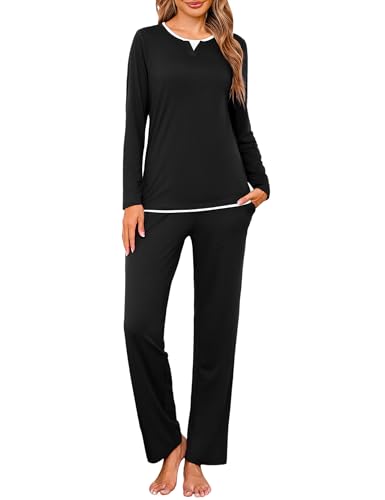 Jahetuul Conjunto de Pijama Mujer Largo Algodón Cuello Redondo con Diseño de Escote en Capas Color Sólido Ropa de Dormir Cálida para Otoño e Invierno