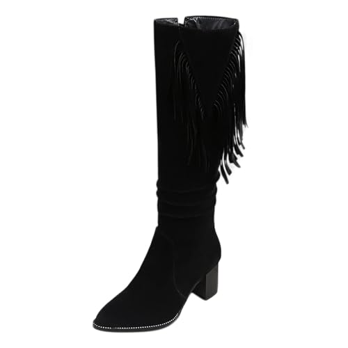 Knee High Boots for Womens Fringe Chunky Block Knee High Heeled Zipper Dressy Boots Tassel Pointed Toe Comfy Riding Boots