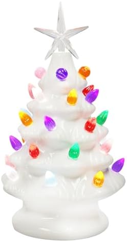 MOMENTS IN TIME Ceramic Christmas Tree 9” White LED Lighted Pre-Lit Tabletop Tree with Multicolor Bulbs & Star Topper, Battery Operated Holiday Décor image 4