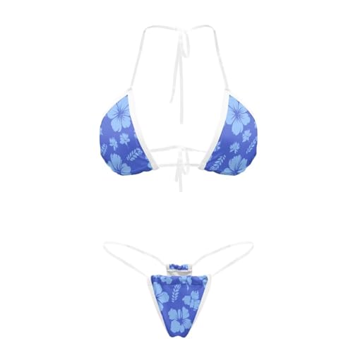 TOADDITDO Tropical Flower-Blue Women's Sexy Thong Bottom Two Piece Bikini Transparent String Bikini Cute Swimsuit Triangle Bathing