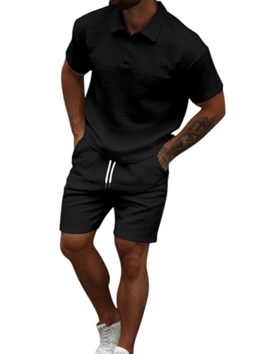 Oanviso Chándal de Hombre 2 Piezas Manga Corta T Shirt Jogging Pantalones Cortos de Deporte Conjunto Chándals Verano Polos Camisetas + Conjuntos de Shorts A Negro M