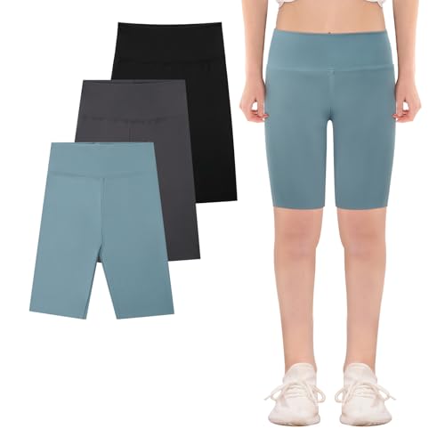 KAKU NANU 3 pantalones cortos de ciclismo para niñas de 5 a 13 años, longitud hasta la rodilla, para debajo del vestido, leggings, baile, escuela, gimnasio, verano, negro, gris, azul y rosa, Negro