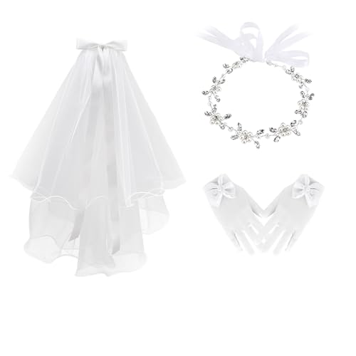 Vividsun 3 Pcs First Communion Veils Set for Girls Bow Gloves Lace Veils Communion Hair Accessories