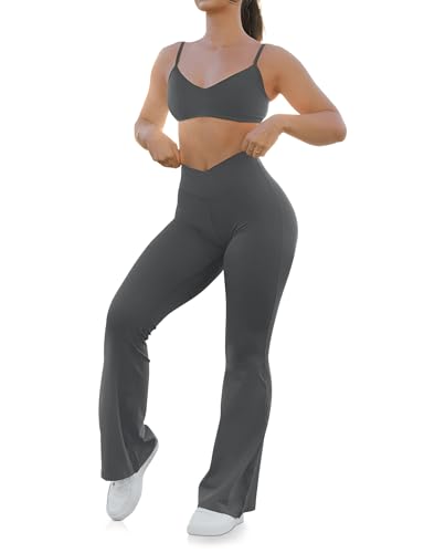 Image of HEGALY Women's Flare Yoga Pants - Crossover Flare Leggings High Waisted Tummy Control Workout Casual Bootcut Pants, Dark Grey, M