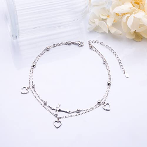 Image of Flyow Anklet for Women S925 Sterling Silver Adjustable Foot Beaded Heart Charm Ankle Bracelet Anklets Jewelry