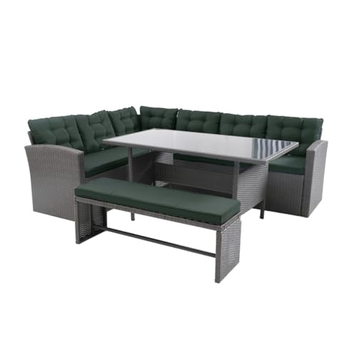 CONCEPT USINE | Salon de Jardin d'angle Résine Tressée 8 Personnes | Moorea Salon Gris Coussin Vert | 1 Table Haute Plateau Verre + 2 Canapés + 1 Banc -...