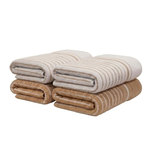 Image of Athom Living Premium Hand Towels- Cotton, 400 GSM, Ultra Soft, Quick Dry, Highly Absorbent | for Hand, Kitchen and Gym | 60 * 40 cm, Pack of 4 (Beige and White with Brown Stripes)