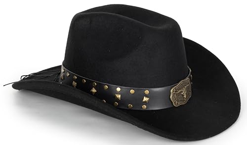 Image of Western-Cowboy-Hats for Women Men - Classic Wide Brim Felt Fedora Unisex Upturn Bull Head Cowgirl Caps with Buckle Belt