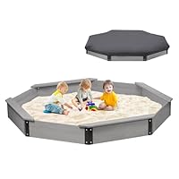 85''x78''x9'' Wooden Octagon Sandbox with Cover, Large Sandpit for Kids Outdoor Patio Backyard Play, Easy & Quick Assemble