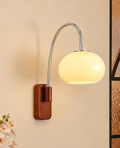 OROILUPU Mid Century Modern Wall Sconce 15.7 H Vintage Milk Glass Sconce with Curved Arm Wood Base Hardwired G9 3 Color Bulbs Dimmable Energy MCM Wall Light Fixture for Bedside Bedroom Living Room