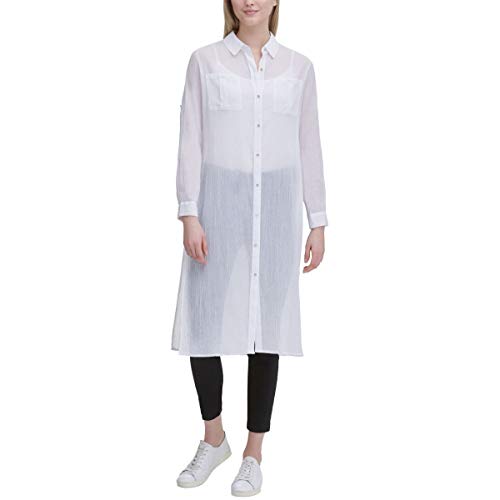 Calvin Klein Womens White Long Sleeve Collared Tunic Top Size S #TOP25