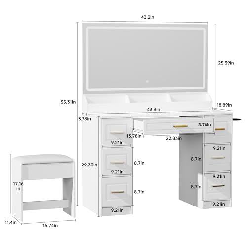 Vanity Desk with Mirror and LED Lights, 43\'\' W Makeup Vanity Desk with Power Outlet, 3 Color Modes, 7 Drawers Vanity Table with Chair, Dressing Table for Bedroom, Dressing Room - Thumbnail 5