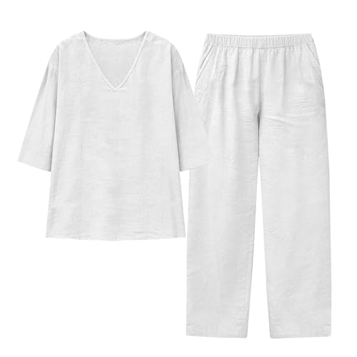 Conjunto de lino de mujer con blusa elástica y pantalón de pierna ancha de alta caída 6