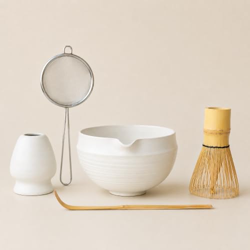 Matcha Set, 5 Pcs Matcha Whisk Set – Unique Cute Rounded Design Bowl with Folded Rim, Ash White Glaze, Easy to Clean, Gift Box Included