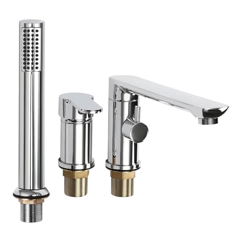 Robinet de baignoire à 3 trous, bord de baignoire avec douchette extensible chromée, rotatif à 360°, robinet cascade, robinet de baignoire, bec de...