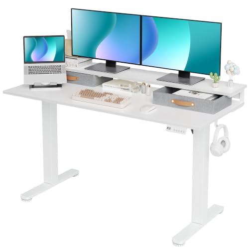 Image of Claiks Standing Desk with 2 Ways Drawers and Hooks (White, 55 Inch)