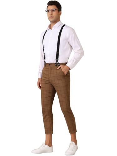 Plaid Cropped Pants for Men's Tapered Leg Formal Checked Trousers with Suspender
