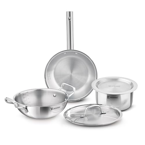 Image of Bergner Tripro Triply Cookware Set 5 Pcs - 22cm (2.3L) Kadai with Lid, 22cm Frypan, 16cm (1.8L) Tope with Lid, Consumes Less Oil, Healthy Cooking, Even Heat Distribution, Induction and Gas Stove Ready