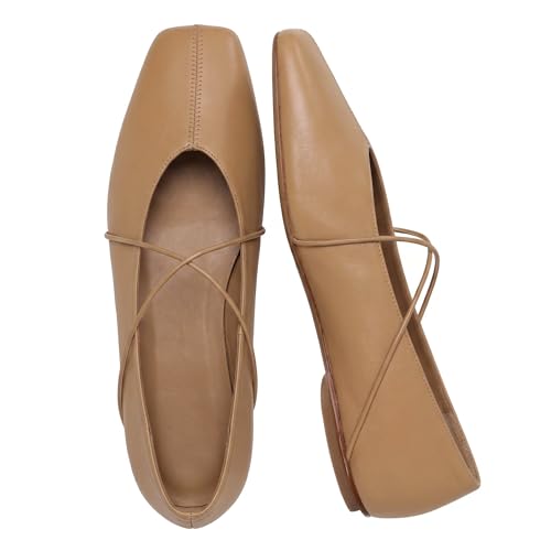 Women's Square Toe Ballet Flats Criss-Cross Straps Comfortable Slip On Mary Jane Flat Shoes for Office Work Casual(TAN,9)