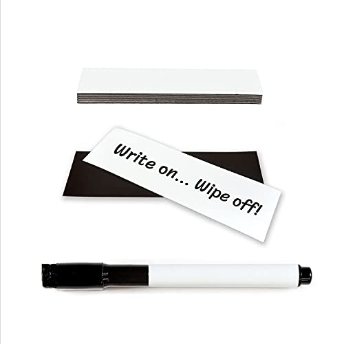 TMS Magnetic Labels Dry Erase | Reusable White Magnets with Dry Wipe Pen for Fridge Notes, Warehouse Labelling for Metal Shelves, Racking, Shelving, Reminders or Whiteboards 100x30mm [25 Pack]