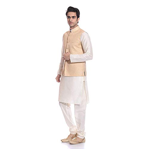 Image of Uri and MacKenzie Men's Silk Blend Regular Kurta Churidar Pyjama with Bundi Nehru Jacket /Waistcoat
