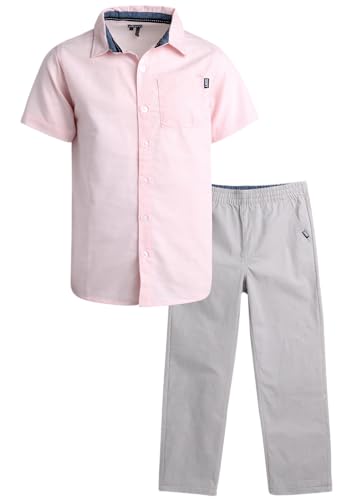Image of DKNY Boys' Pants Set - 2 Piece Woven Short Sleeve Button Down Shirt and Flat Front Canvas Pants for Boys (Sizes: 8-12)