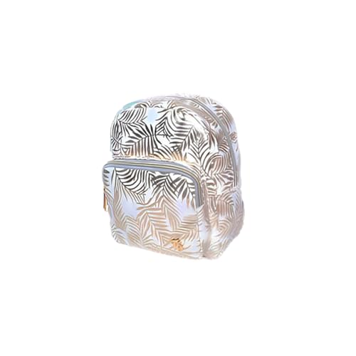 Mochila Feminina Brilhosa com Estampa de Folhas, 23,5 x 20 x 13,5 cm, Vinil Têxtil, Branco