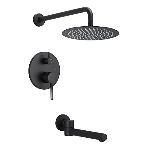 Juego de grifería para ducha con sistema de ducha redonda de lujo con cabezal de lluvia, relleno giratorio de bañera, mezcladora y válvula empotrada, acabado mate negro miniatura 1