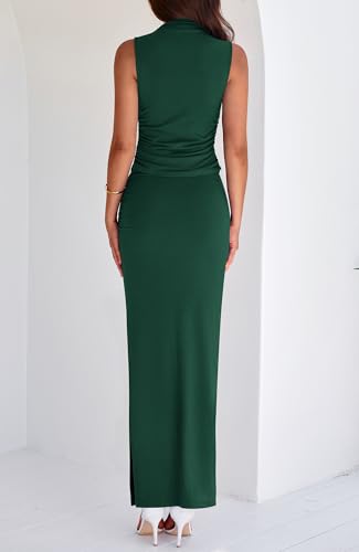 BTFBM Summer Two Piece Skirt Set for Women 2025 Dressy Lightweight Sleeveless Knit Top Going Out Split Maxi Skirt Set