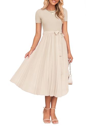 ZESICA Womens 2026 Summer Short Sleeve Midi Dresses Crewneck Knit Belted Pleated Business Work Cocktail A Line Flowy Dress Apricot Small