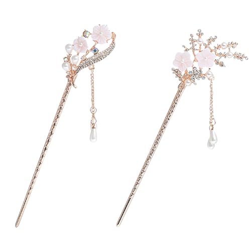 Lot de 2 baguettes à cheveux chinoises en métal avec fleurs et perles décoratives en cristal - Style rétro