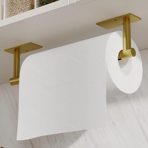 WZRUA Gold Kitchen Roll Holder Under Cabinet, Self Adhesive or Wall Mounted Paper Towel Holder, Double Post Pivoting Stainless Steel under Cupborad Kitchen Roll Holder (Square Base)