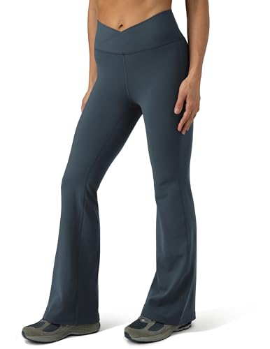 Colorfulkoala Women's Dreamlux Flared Leggings Crossover High Waist Bootcut Workout Running Athletic Gym Wide Leg Yoga Pant 31.5' Inseam (XL, Blue Ink)
