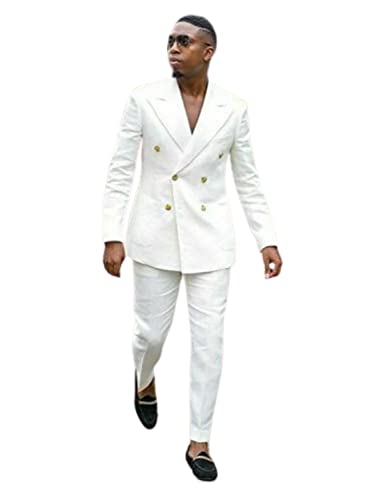Men's Linen Double Breasted Buttons Peak Lapel Two-Piece Suit Tuxedos Jacket and Pants Set Casual Wedding Business