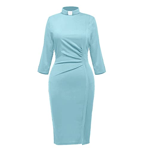 light blue dress white collar BLESSUME Catholic Church Women Clergy Tab 3/4 Sleeve Ruched Elegant Business Pencil Sheath Dress at Amazon Women's Clothing store Pale Blue wedding dress evening look Unique Vintage Black Strapless Size:XS(35-47.5kg; 150-155cm)