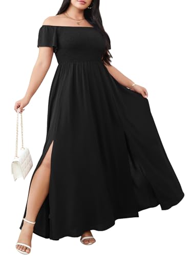 RWJ Womens Plus Size Wedding Guest Dress Summer Off Shoulder Short Sleeve Party Cocktail A-Line Split Long Maxi Dresses Black