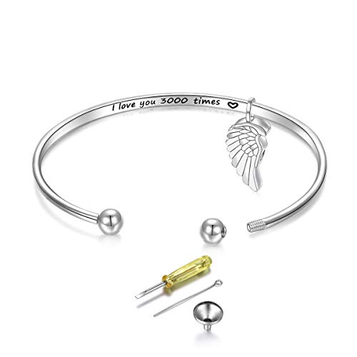 Yinshan Cremation Jewelry 925 Sterling Silver Memorial Ashes Keepsake Urn Bangle Bracelet With Angel Wing Pendant Engraved I Love You 3000 Times Iron Men Fans Gifts (Wing Bracelet Without Chain) #TOP13