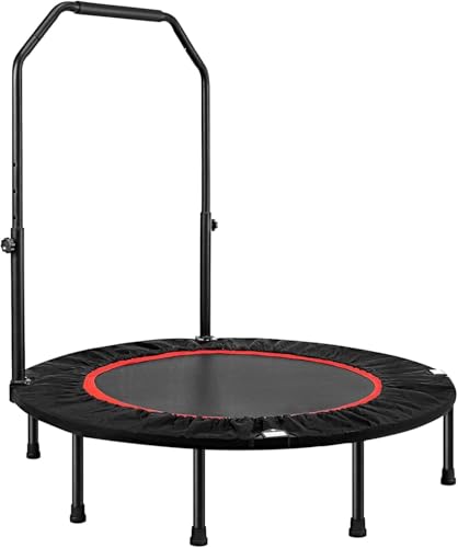 BREEZENEST Foldable Fitness Trampoline for Adults - Max 400lbs Capacity Steel Frame Exercise Rebounder with Adjustable Handrail Indoor Outdoor Mini Trampoline for Home Gym Workout (Black&Red 48)